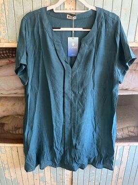 CUPSHE Women's Beachside Chill Teal Short Sleeve V-Neck Tunic Top NWT XL